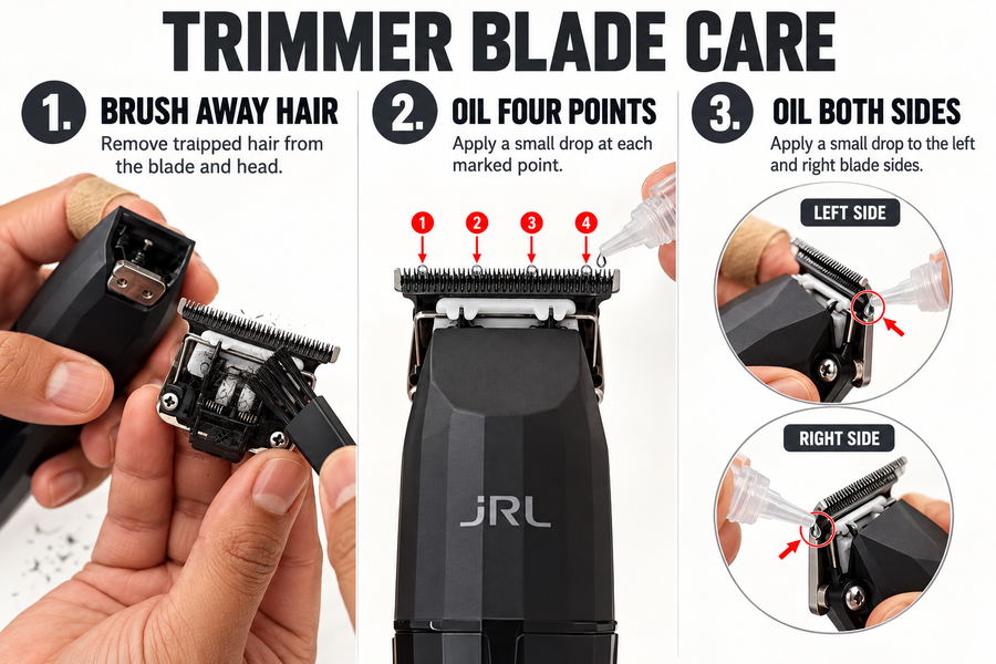 Three-step JRL blade care guide: brush away hair, oil four blade points, and oil both blade sides