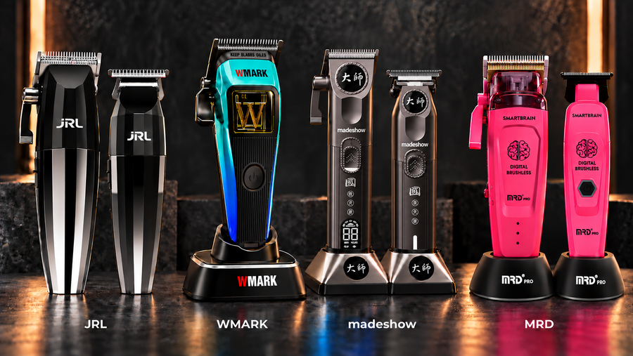 JRL, WMARK, madeshow M8 and M9, and MRD professional clippers and trimmers with charging stands