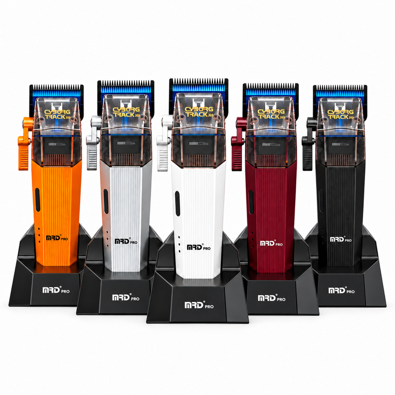 MRD Cyborg Pro 2026 in orange, silver, white, burgundy and black with charging stands on white background