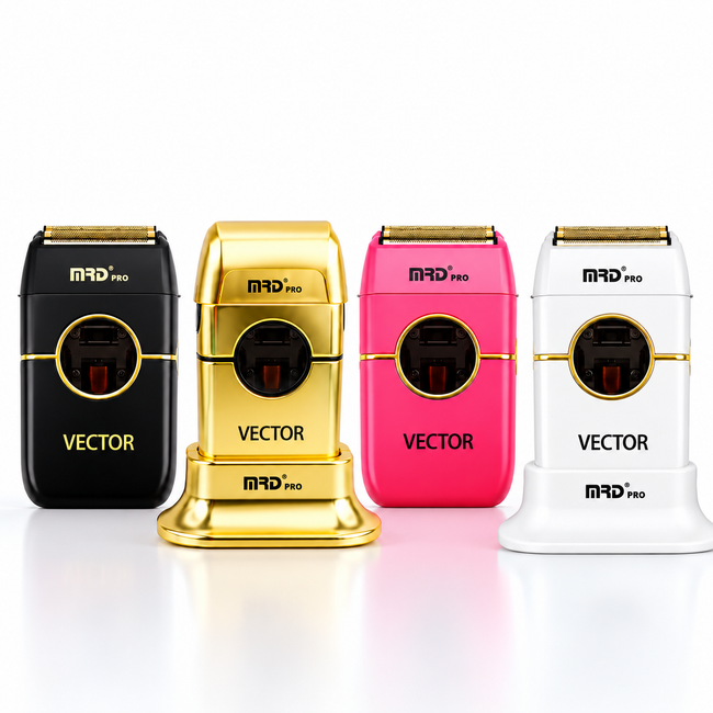 MRD Pro Vector foil shaver in black, gold, pink and white on a white background