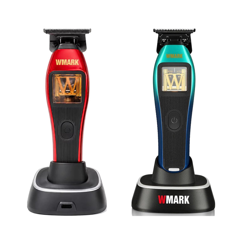 WMARK NG-XT1 Red and Polar green-blue trimmer options, each shown with original charging base at equal scale and aligned baseline; choose one single-machine kit