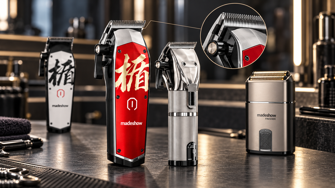 Madeshow adjustable hair clippers and FINISHER foil shaver with a close-up of the clipper blade and taper lever