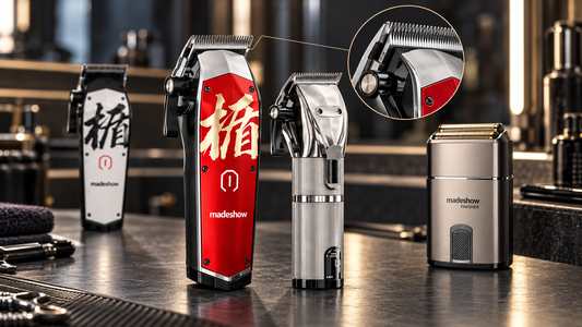 Madeshow adjustable hair clippers and FINISHER foil shaver with a close-up of the clipper blade and taper lever