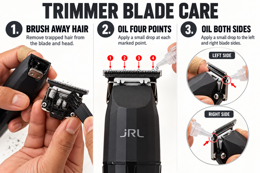 Three-step JRL blade care guide: brush away hair, oil four blade points, and oil both blade sides
