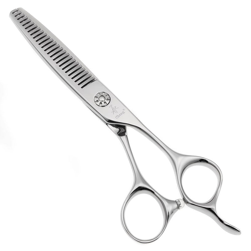 Silver offset-handle hair thinning scissors, full view