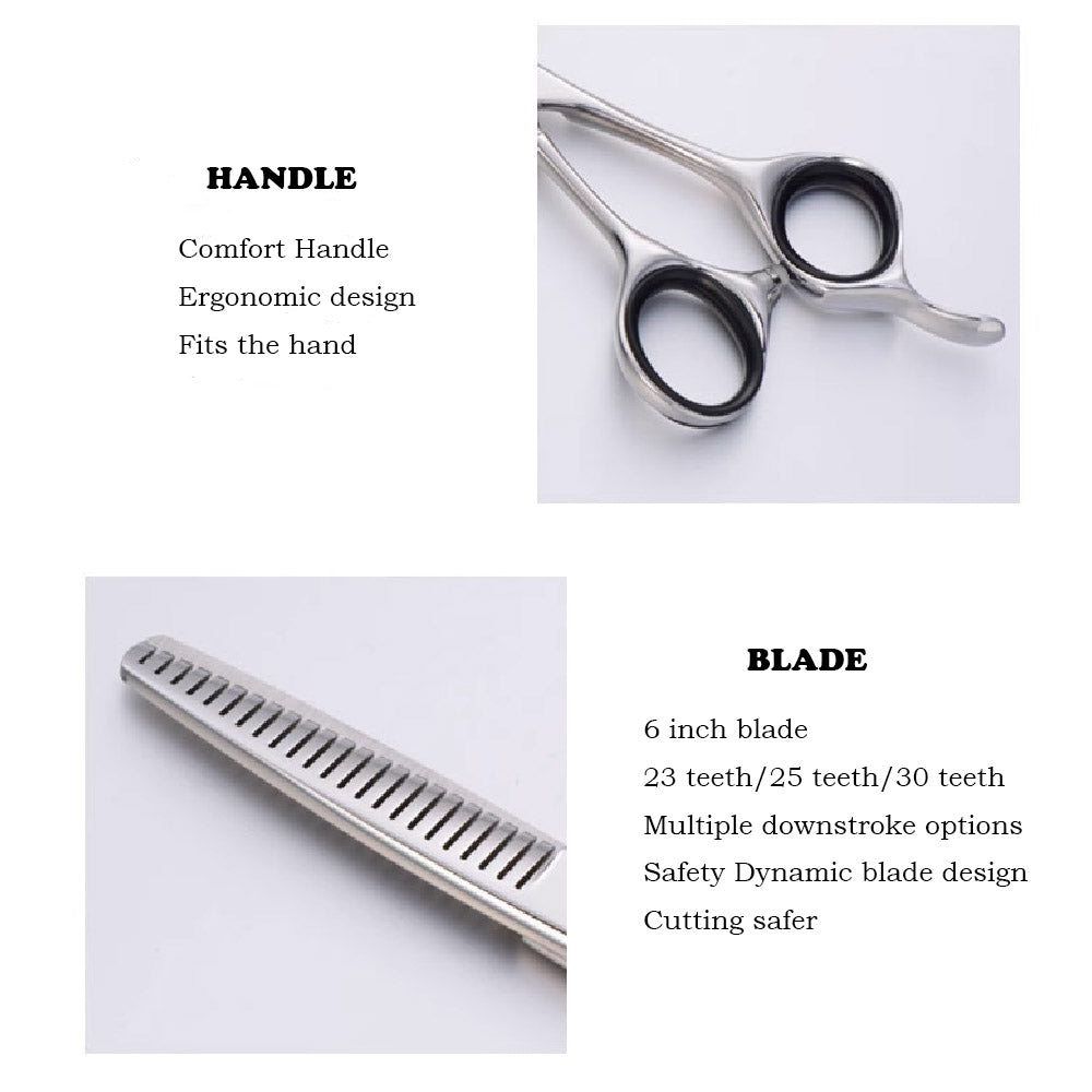 Offset-handle hair thinning scissors handle and blade detail infographic