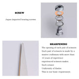 Offset-handle hair thinning scissors screw and sharpening detail infographic