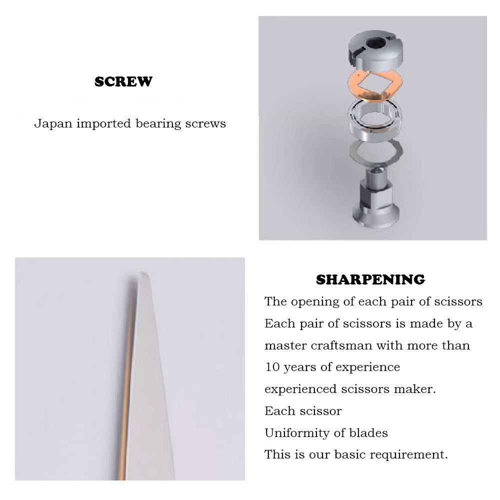 Offset-handle hair thinning scissors screw and sharpening detail infographic