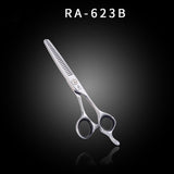 Offset-handle hair thinning scissors with model label on black background