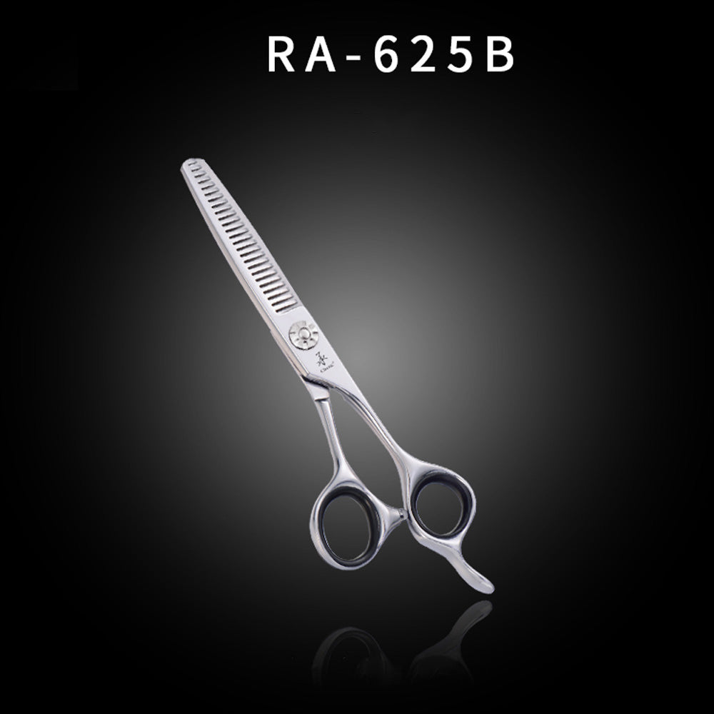 Offset-handle hair thinning scissors with model label on black background, second view