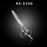 Offset-handle hair thinning scissors with model label on black background, third view