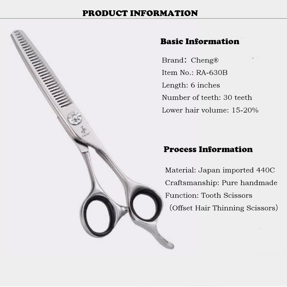 Offset-handle hair thinning scissors product information sheet, third view