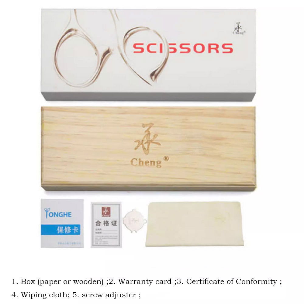 Thinning scissors packaging: box, wooden case, cards and wiping cloth