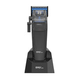 MRDpro Cyborg Pro 2026 hair clipper in black on charging base, front view