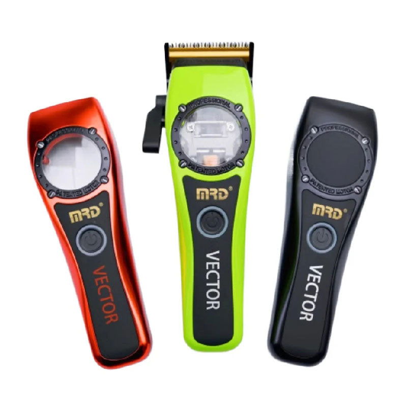 MRD vector motor cordless hair clipper housings in red, green and black
