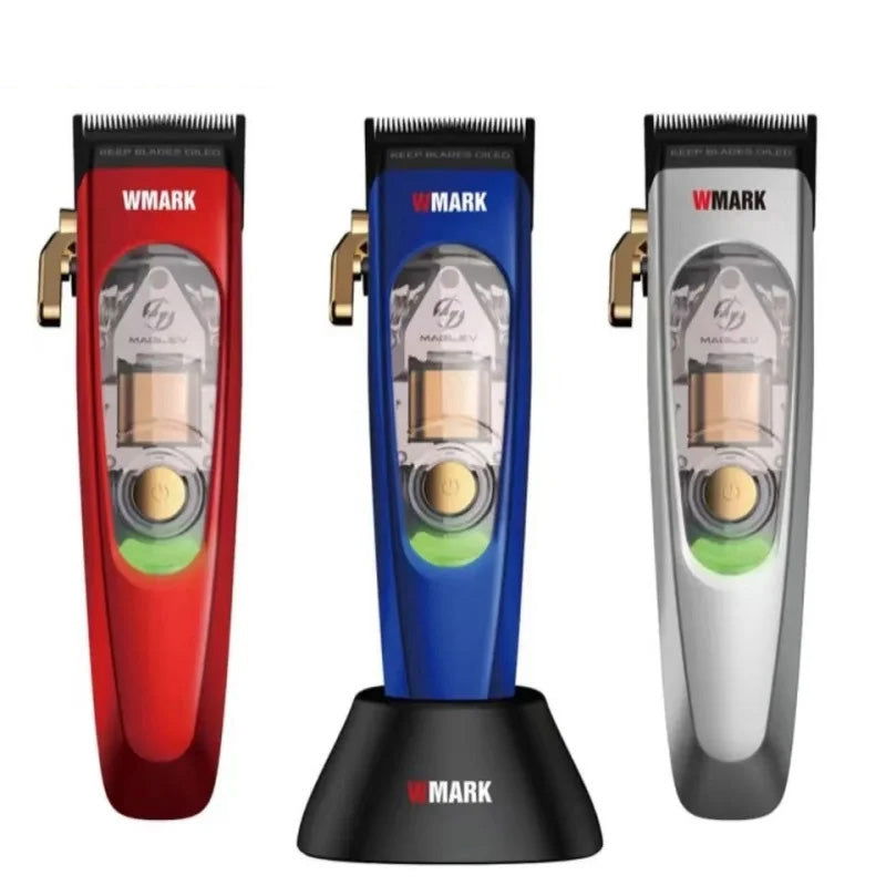 WMARK NG-9004 hair clippers in red, blue and silver, one on the charging base