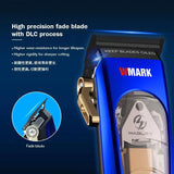 WMARK NG-9004 blue hair clipper blade infographic with fade blade close-up
