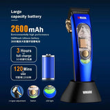 WMARK NG-9004 blue hair clipper on charging base, battery infographic