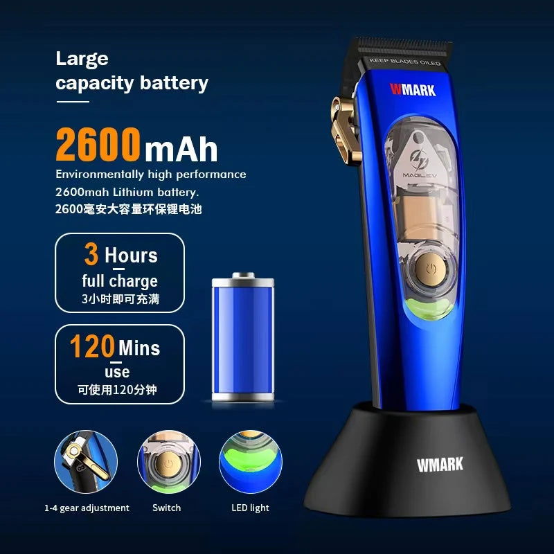 WMARK NG-9004 blue hair clipper on charging base, battery infographic