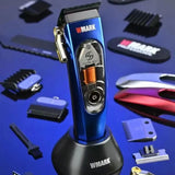 WMARK NG-9004 blue hair clipper on charging base surrounded by guide combs and accessories