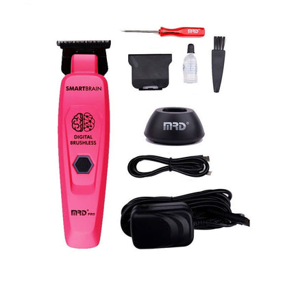 MRD GMT-90-4 pink trimmer with charging base, adapter, blade guard, oil, brush and screwdriver