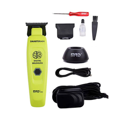 MRD GMT-90-4 green trimmer with charging base, adapter, blade guard, oil, brush and screwdriver