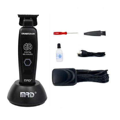 MRD GMT-90-4 black trimmer with charging base, adapter, blade guard, oil, brush and screwdriver