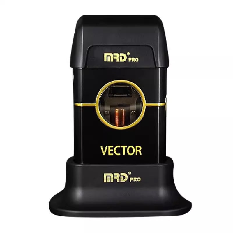 MRD Pro Vector foil shaver in black on charging base