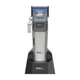 MRDpro Cyborg Pro 2026 hair clipper in silver on charging base, front view