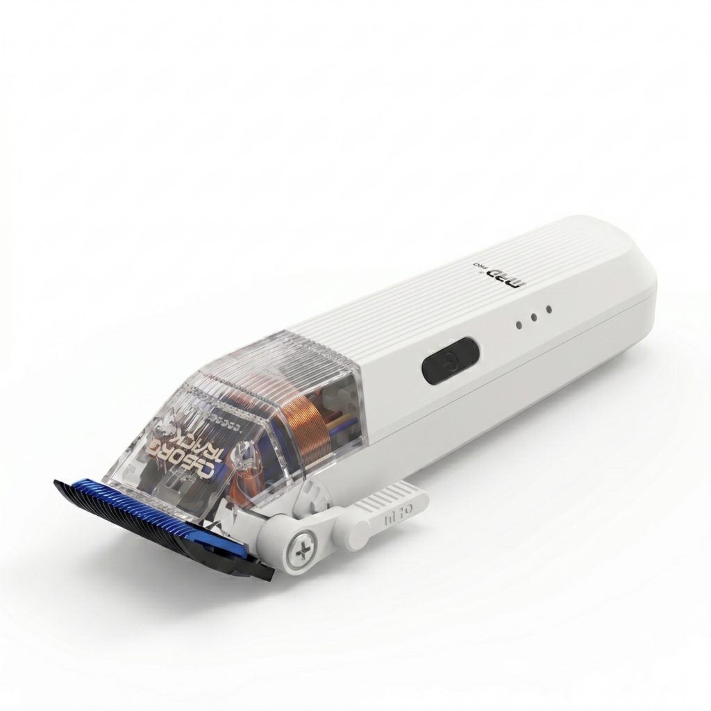 MRD Cyborg Pro white cordless hair clipper angled view
