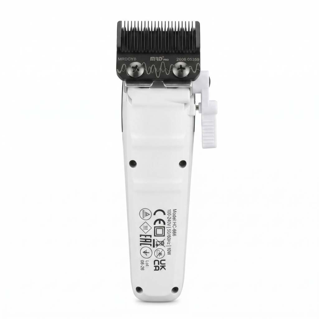 MRD Cyborg Pro white hair clipper rear blade view
