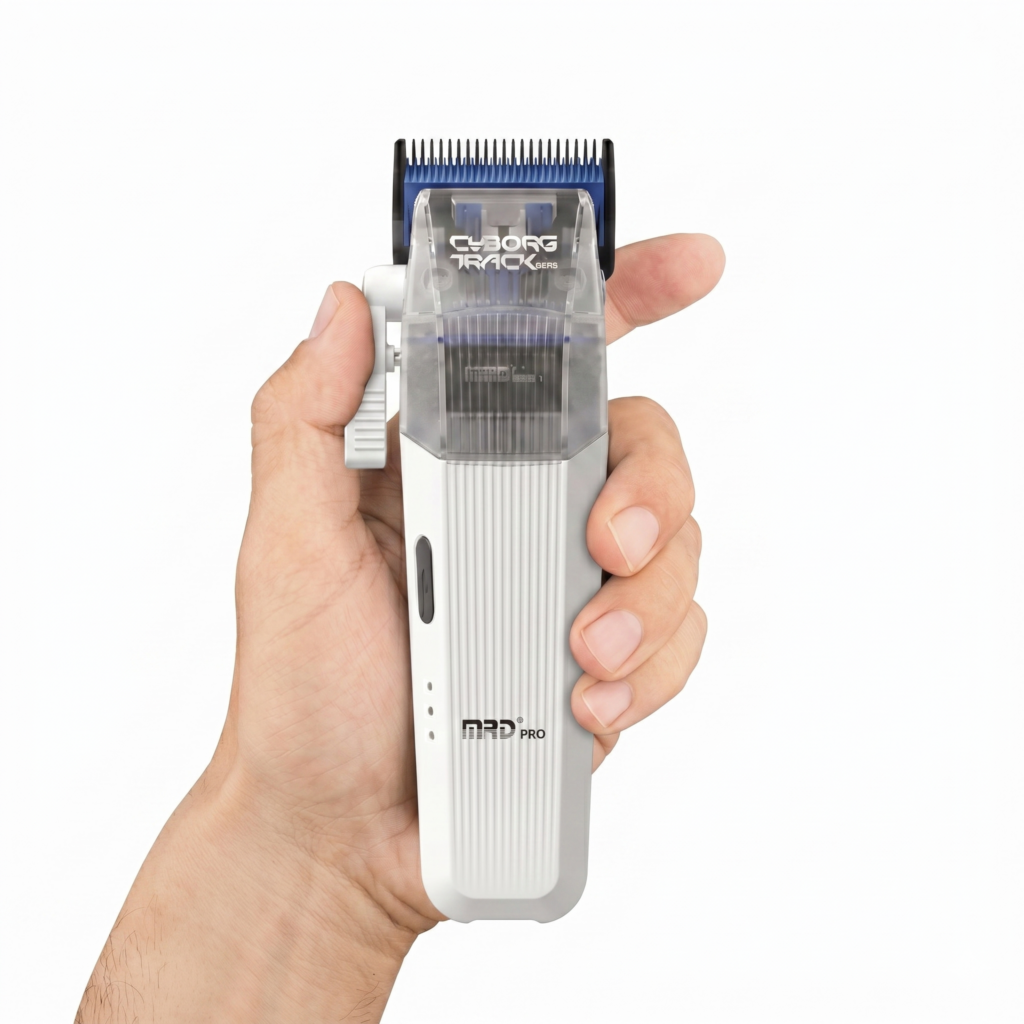 Professional barber holding MRD Cyborg Pro white hair clipper