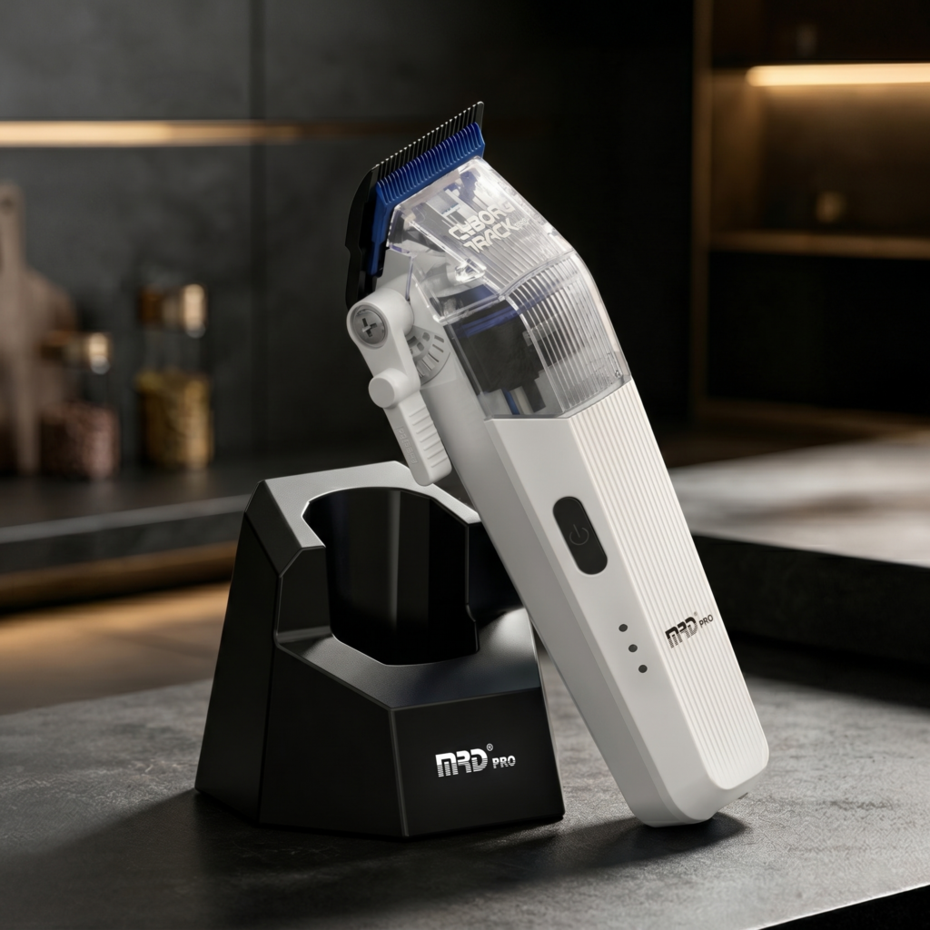 MRD Cyborg Pro white barber clipper with charging stand