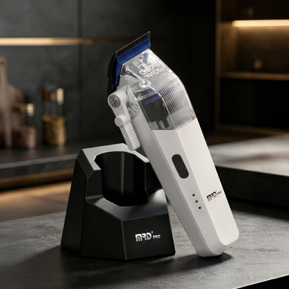 MRD Cyborg Pro white barber clipper with charging stand