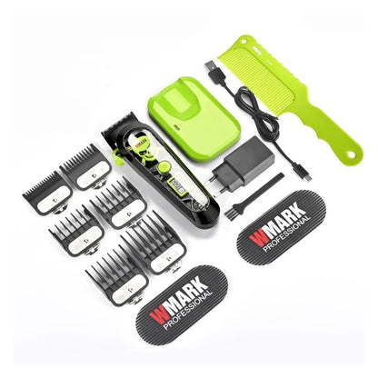 Cortapelos WMARK con carga inalámbrica en verde con base de carga, peines guía, peine y accesorios