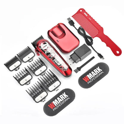 Cortapelos WMARK con carga inalámbrica en rojo con base de carga, peines guía, peine y accesorios, segunda vista