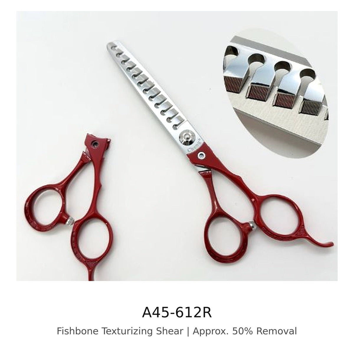 Tijera de texturizar espina de pescado Cheng A45-612R Jinge de 12 dientes para barberos, acabado rojo, vista del producto