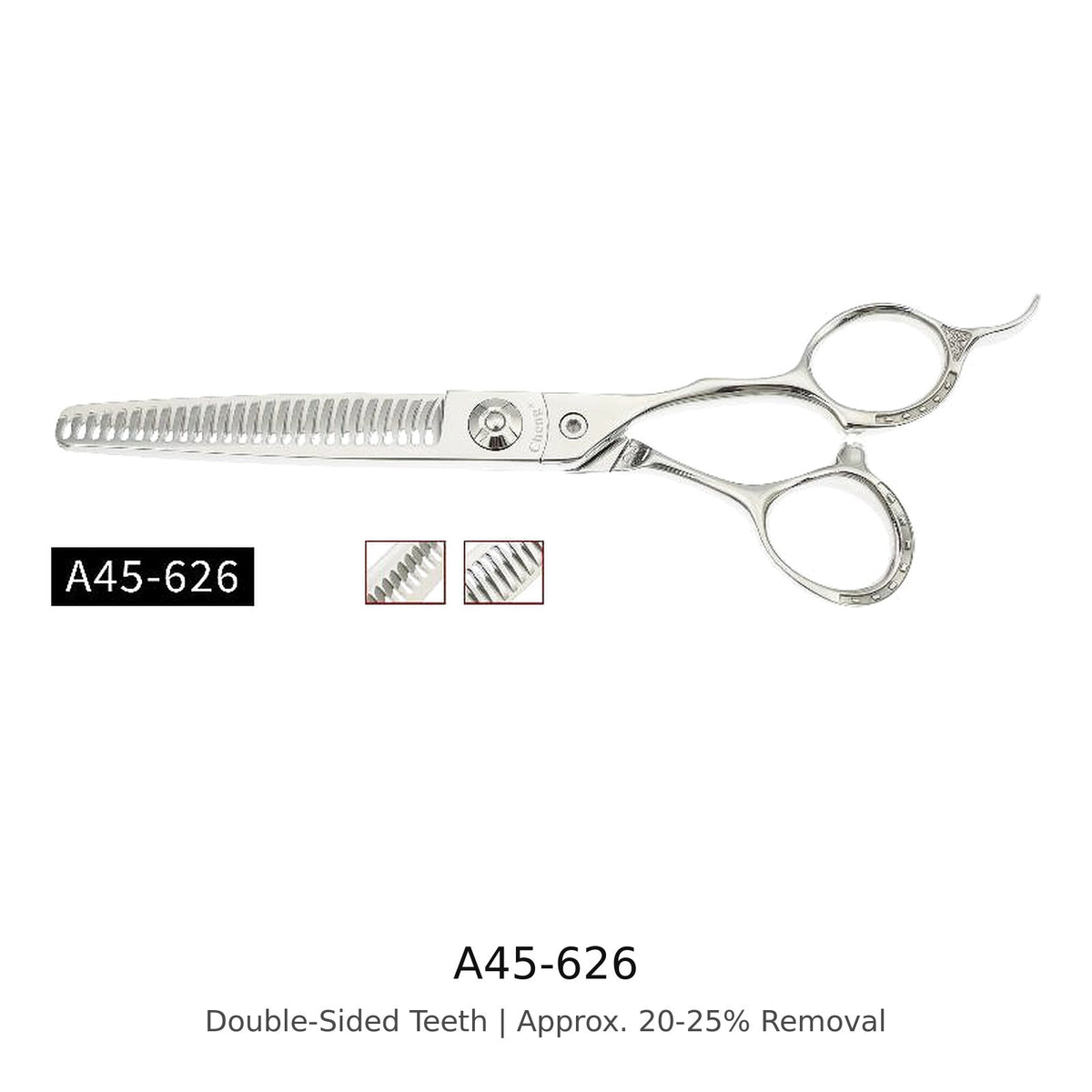 Tijera de entresacar de doble cara Cheng A45-626 Jinge de 26 dientes para barberos, acabado plateado, vista del producto