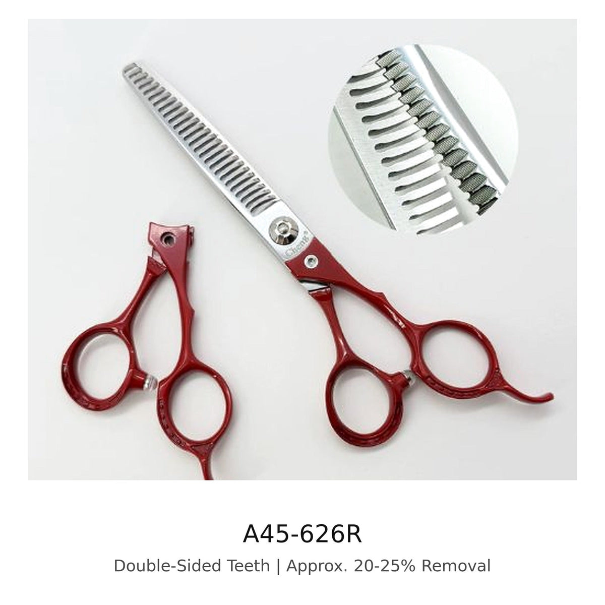 Tijera de entresacar de doble cara Cheng A45-626R Jinge de 26 dientes para barberos, acabado rojo, vista del producto
