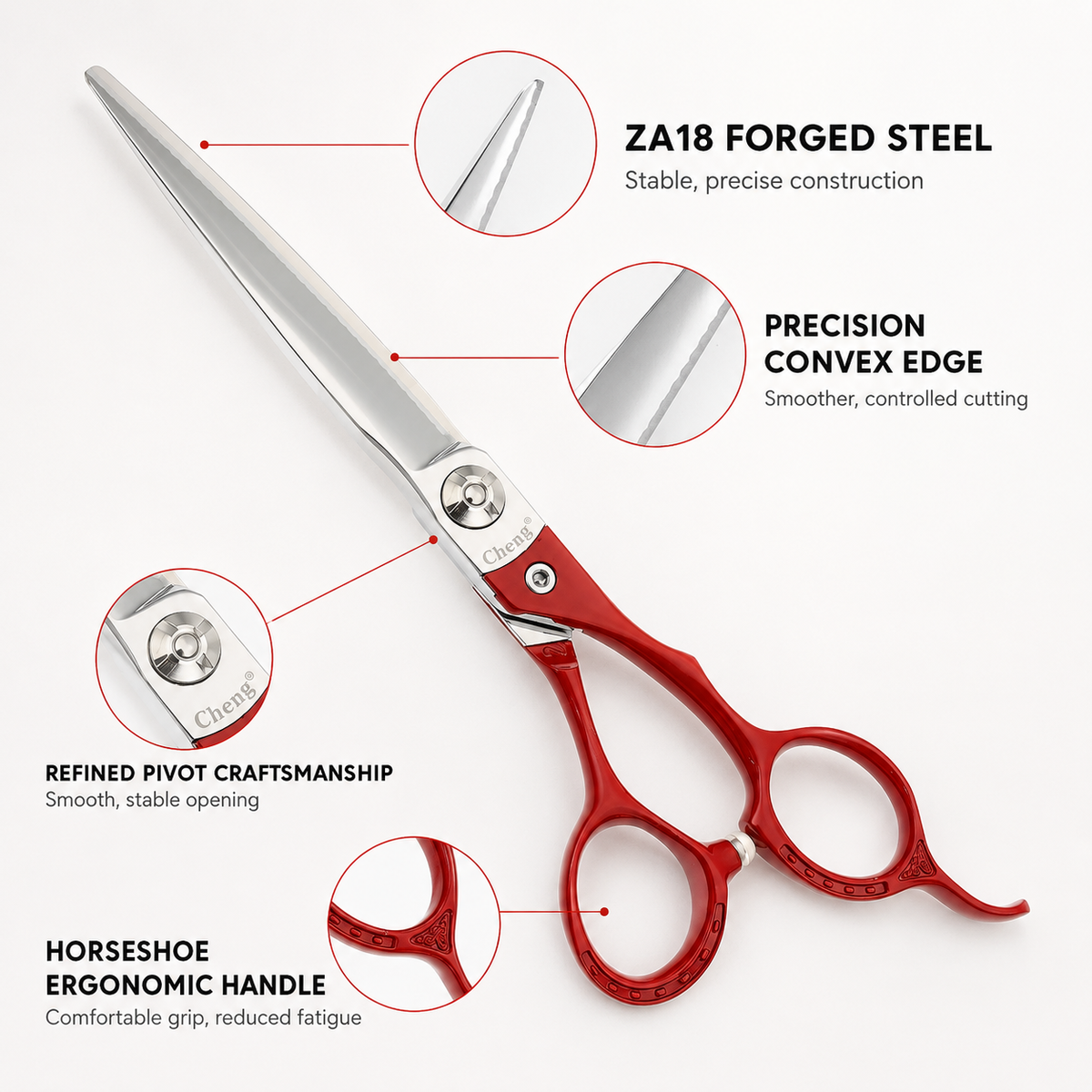 Cheng A45 Jinge professional shear ZA18 steel convex edge pivot and ergonomic handle details