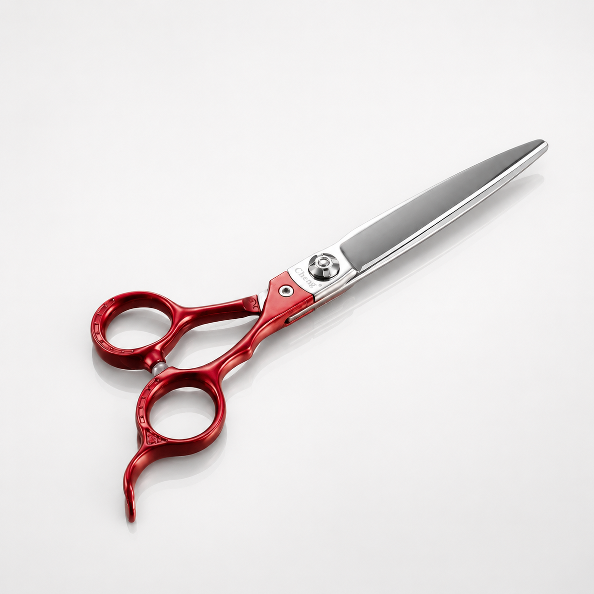 Cheng A45 Jinge red professional shear on a unified warm-white studio background