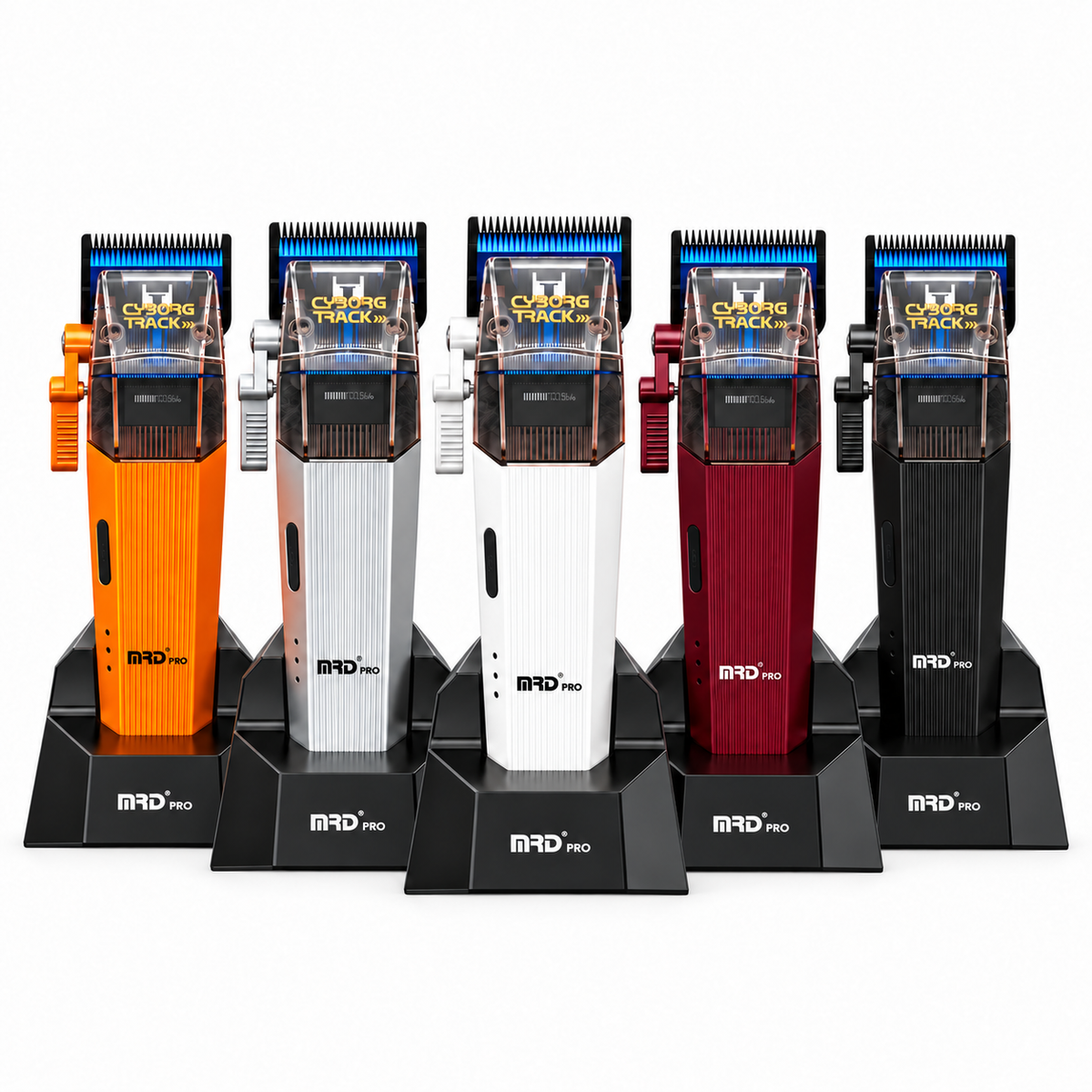 MRD Cyborg Pro 2026 in orange, silver, white, burgundy and black with charging stands on white background