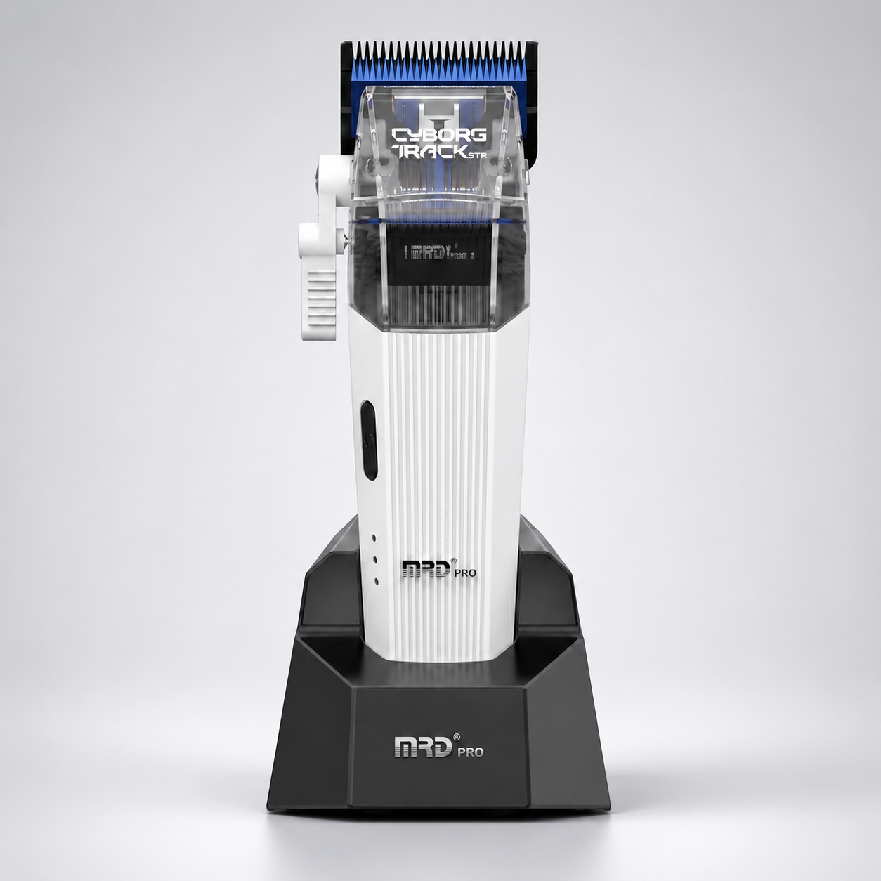 2026 MRD Cyborg Pro professional white cordless hair clipper with charging stand