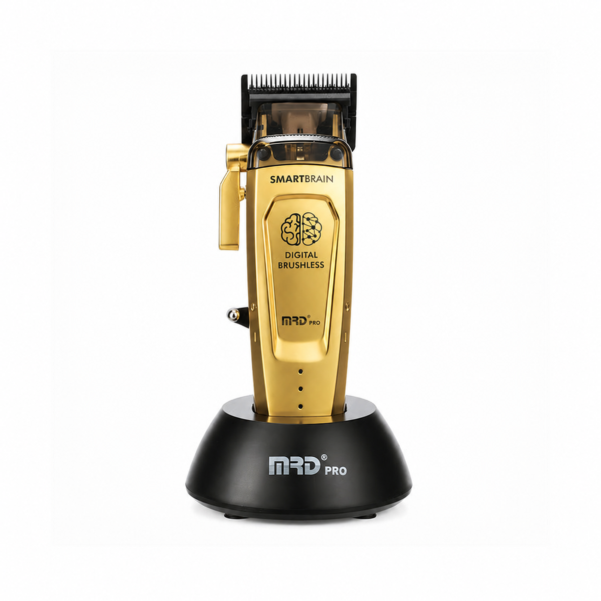 Gold MRD Smart Brain HC-90-4 with black cutting blade on charging stand