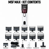 White M5F MAX above its ten numbered guide combs and included care accessories