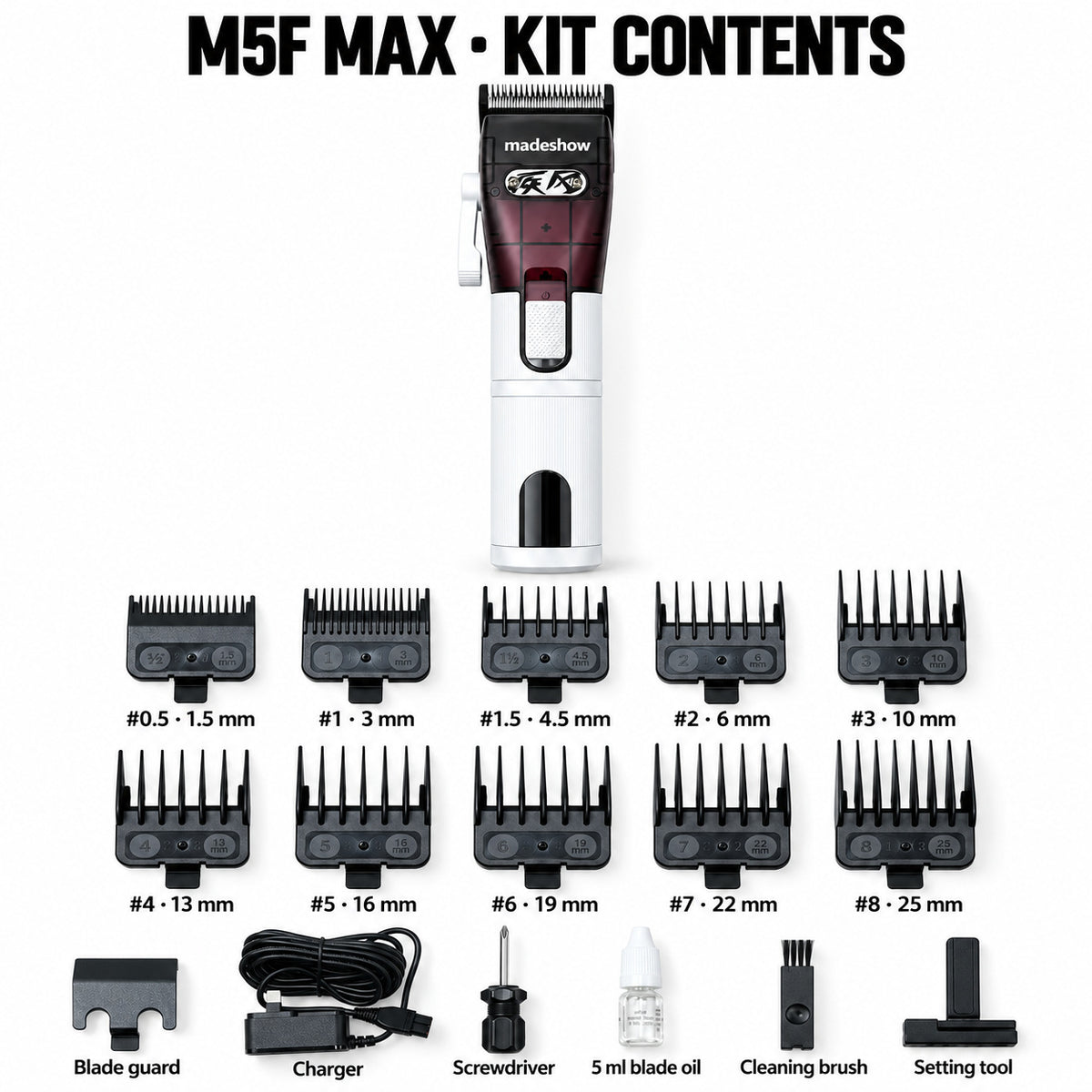 White M5F MAX above its ten numbered guide combs and included care accessories