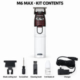 White M6 MAX above its blade-setting tool, screwdriver, cleaning brush, 5 ml blade oil and charger