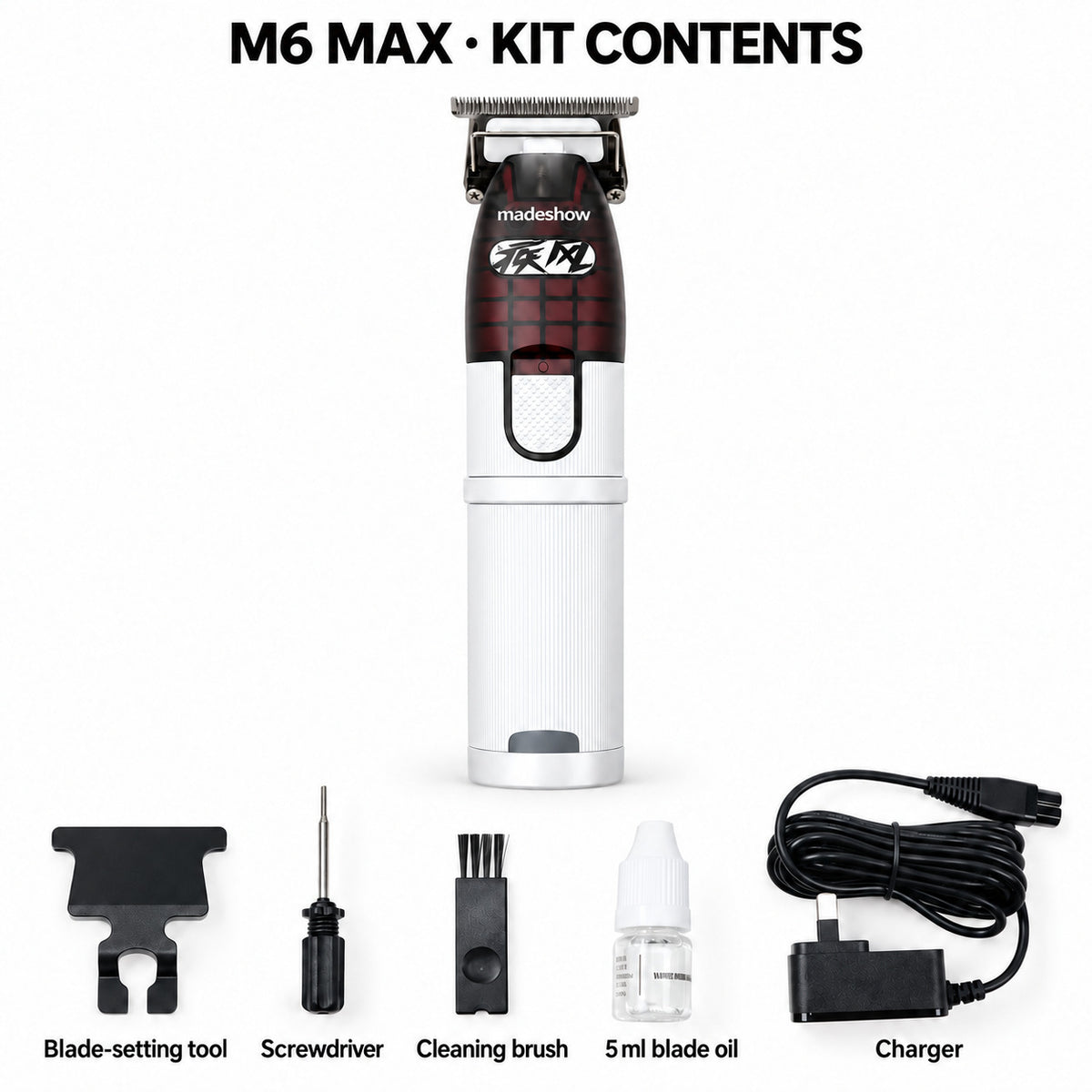 White M6 MAX above its blade-setting tool, screwdriver, cleaning brush, 5 ml blade oil and charger