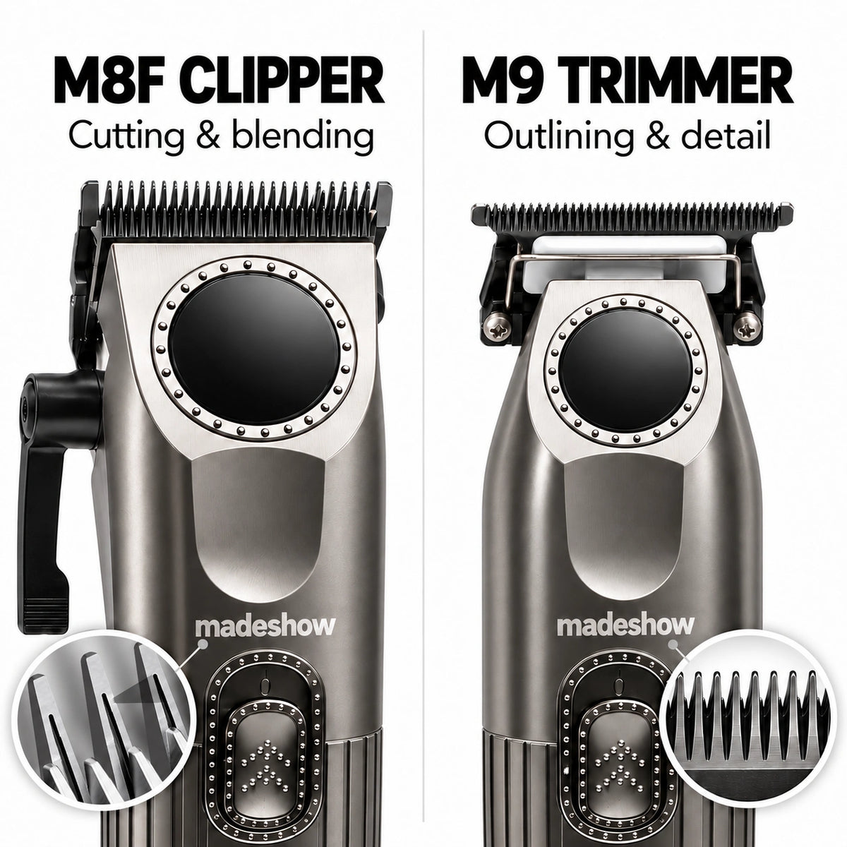 M8F clipper and M9 trimmer complete cutting heads with blade groove magnification