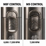 M8F two speeds 6000 and 7200 RPM; M9 single speed 7200 RPM